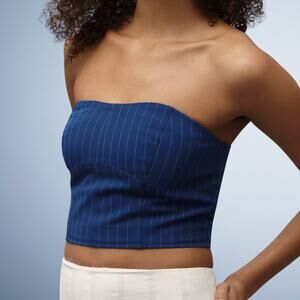Walter Baker Tanvi Strapless Pinstripe Bustier Crop Top Blue XL